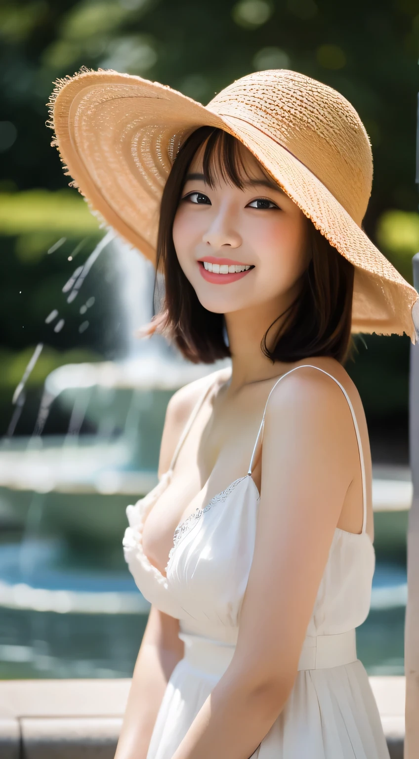 masterpiece,best quality,(Japanese ),((Beautiful girl)),cleavage,(perfect body beauty:1.2),(shy smile),beautiful teeth,(straw hat),((By the fountain in the park)),