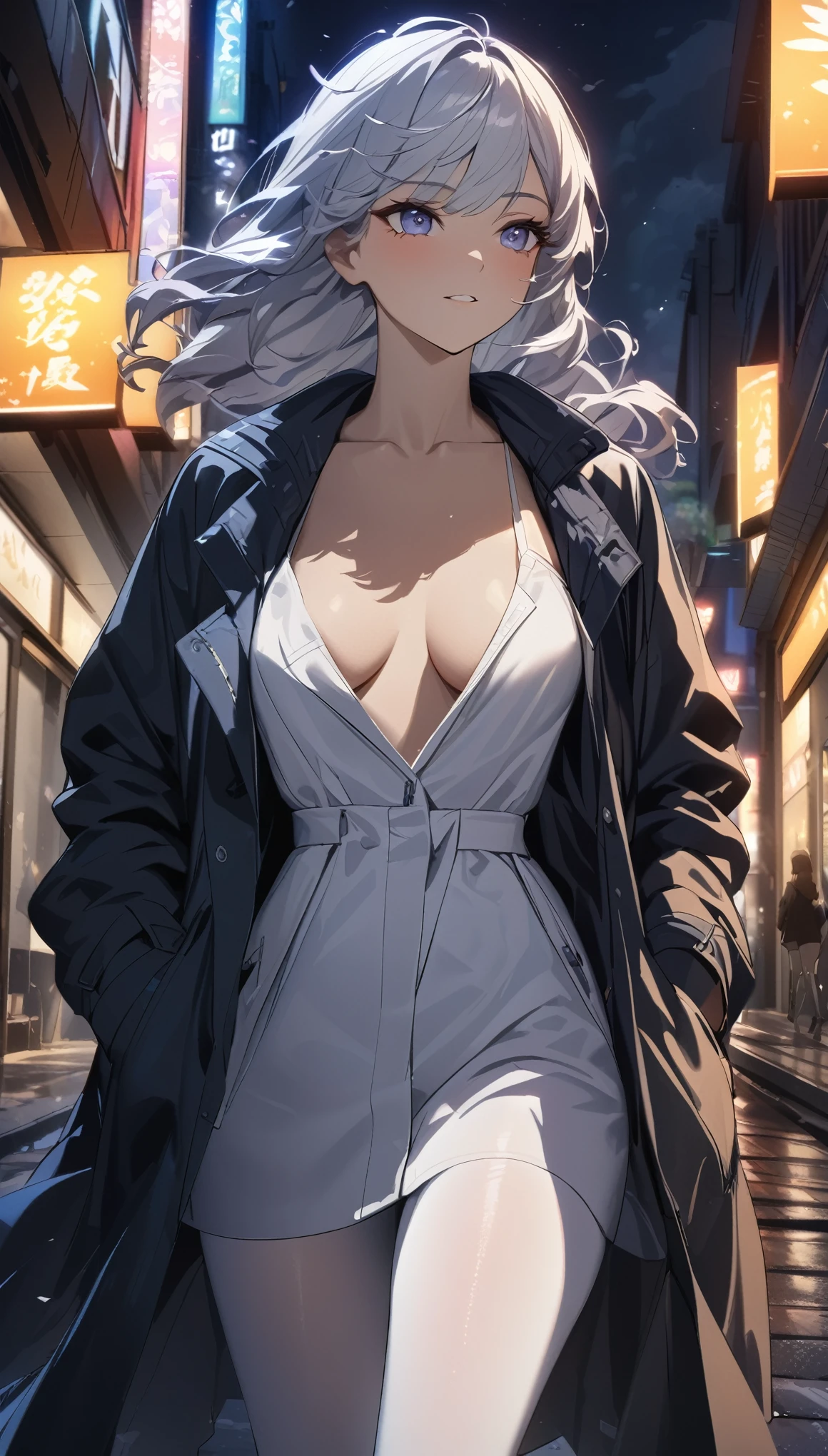 A beautiful woman wearing a black open-chested long trench coat, White tights underneath the windbreaker, Walking on the sidewalk at night, Windy Day, The hem of the windbreaker flutters in the wind, close-up, cowboy shot, UHD, masterpiece, textured skin, highres, 16k, 1080P