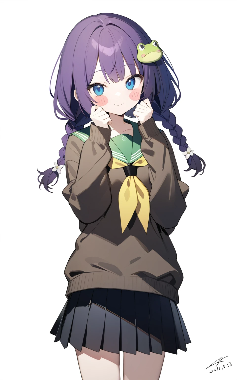 1girl,
(matanonki:0.9090909090909091), topia, poprication, (barbarian tk:1.2100000000000002), (liduke:0.9090909090909091), (kazepana:1.1),
(nagishiro_mito:1.1), toosaka_asagi, year 2023, skirt, standing, skirt, looking at viewer, blush, signature, blush stickers, white background, hair ornament, black skirt, long hair, dated, simple background, contrapposto, , sailor collar, yellow neckerchief, twin braids, blue eyes, turtleneck, winking \(animated\), frog hair ornament, cowboy shot, black serafuku, braid, smile, pendant, green sailor collar, flower, medium skirt, purple hair, sweater, sleeves past wrists, neckerchief, serafuku, solo, brown sweater, sideways mouth, voice actor connection, pleated skirt, long sleeves, closed mouth, hands on own cheeks, hands on own face, side braids, collarbone, jewelry, white flower,
masterpiece, newest, absurdres, safe
