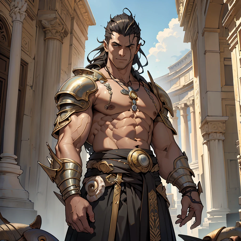 ((​masterpiece)), ((Best Quality)), 4k, Very detailed, 1 person(((waist up))), Background with:Inside the Pantheon, Where ancient Rome was&#39;courage flows, very tall middle aged man with black eyes., armature((seashells)), (((Guyver Style))), green eyes, green colored fire ignited on left eye.