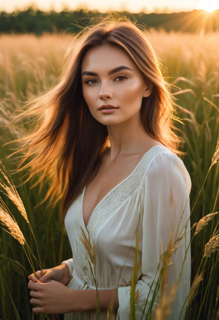 a woman standing in a field of tall grass with the sun setting, gorgeous woman, cinematic beautiful natural skin, attractive woman, attractive girl, photo of a beautiful woman, gorgeous attractive face, extremely beautiful face, in a field, beautiful female model, portrait of a beautiful model, soft portrait shot 8 k, beautiful delicate face, a beautiful young woman, attractive beautiful face
