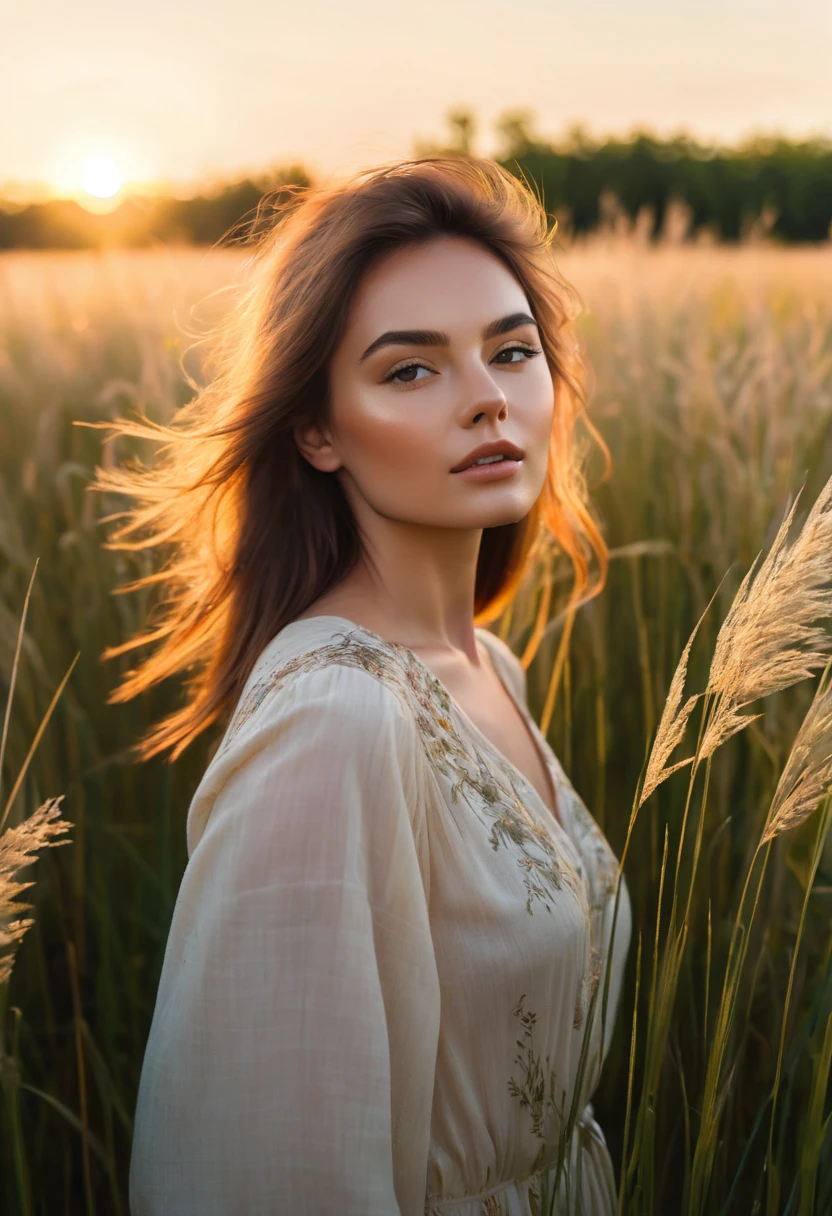 a woman standing in a field of tall grass with the sun setting, gorgeous woman, cinematic beautiful natural skin, attractive woman, attractive girl, photo of a beautiful woman, gorgeous attractive face, extremely beautiful face, in a field, beautiful female model, portrait of a beautiful model, soft portrait shot 8 k, beautiful delicate face, a beautiful young woman, attractive beautiful face
