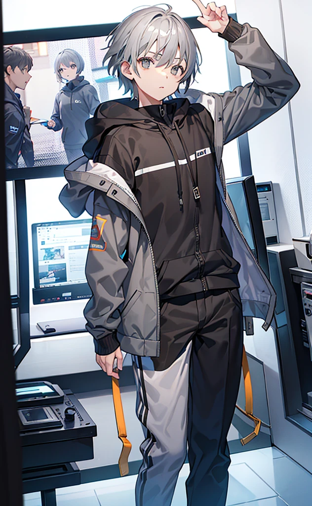 juvenile，Gray Hair，Grey Hoodie，Gray Eyes，Brown trousers，Technology，Brighter colors。individual，High Definition，Say hello to the screen