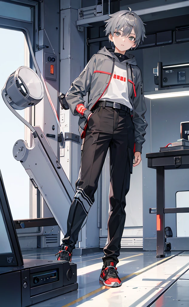juvenile,Gray Hair,Grey Hoodie,Gray Eyes,Brown trousers,Technology,Brighter colors。individual,High Definition,Say hello to the screen