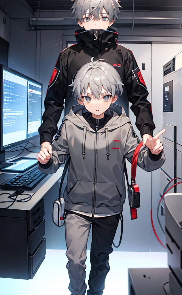juvenile,Gray Hair,Grey Hoodie,Gray Eyes,Brown trousers,Technology,Brighter colors。individual,High Definition,Say hello to the screen