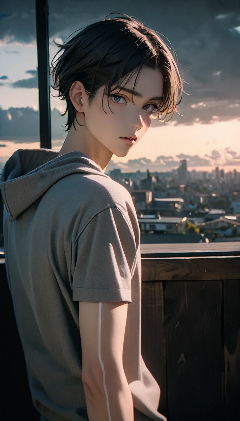 (8K, RAW photos, best quality, masterpiece: 1.4), (((Boy looking at his arm)))，Ultra-high resolution, Extremely detailed, light, closeup of arms, handsome boy, black eyes, (delicate eyes, Eyes are bright:1.2), Gray short hair, Fair skin,dark, Grey sweatshirt, sweatshirt with hood,(perfect anatomy:1.2), High-quality shadows, Natural Lighting, (White highlights:1.2), night, cloudy day, (at home:1.2), (White lines on arms:1.2)