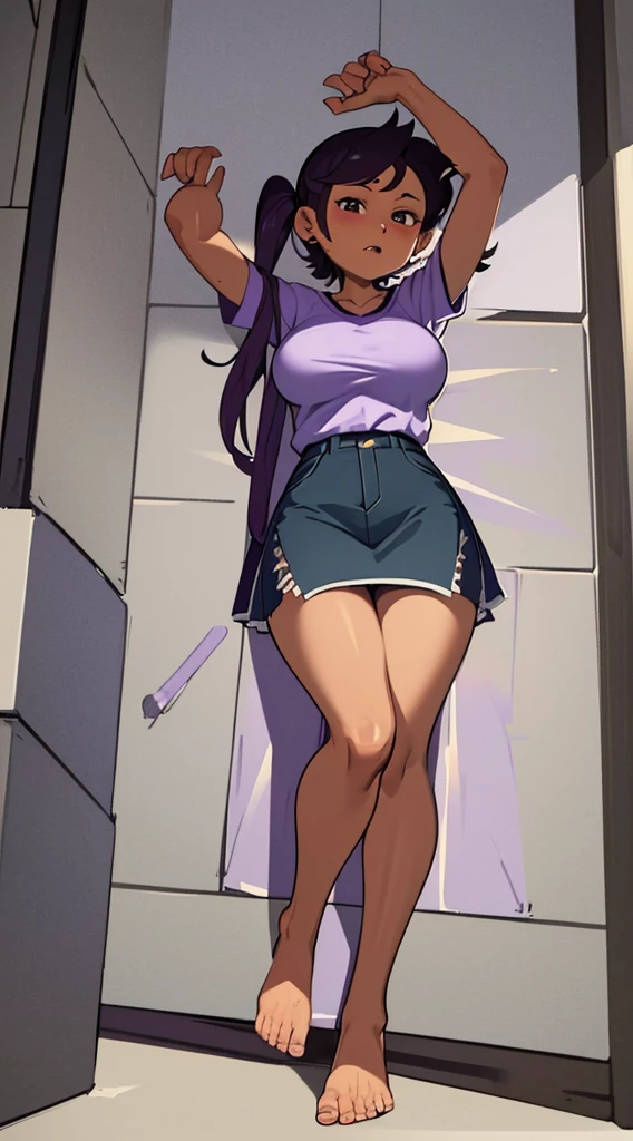 Luz Noceda, massive breasts, cleavage, ((purple and white small shirt and a black stripped miniskirt)), high quality fanart, open legs Style, official fanart, , official art, (nsfw), barefoot