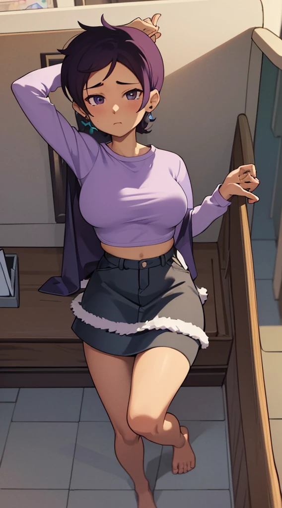 Luz Noceda, massive breasts, cleavage, ((purple and white small shirt and a black stripped miniskirt)), high quality fanart, open legs Style, official fanart, , official art, (nsfw), barefoot