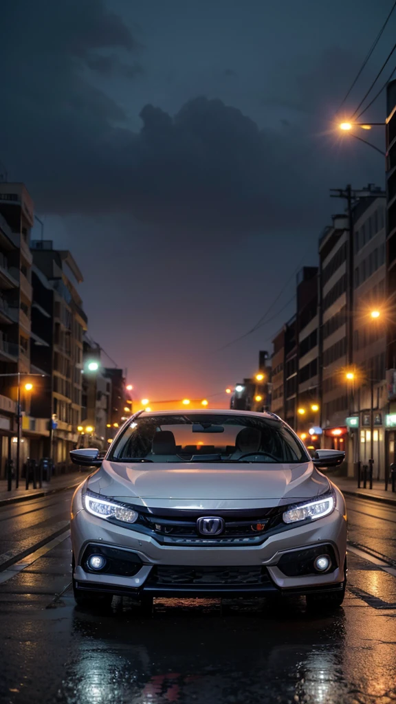 Gray Honda Civic rolling in a city full of illuminated signs on the raining road with a sunset in the background