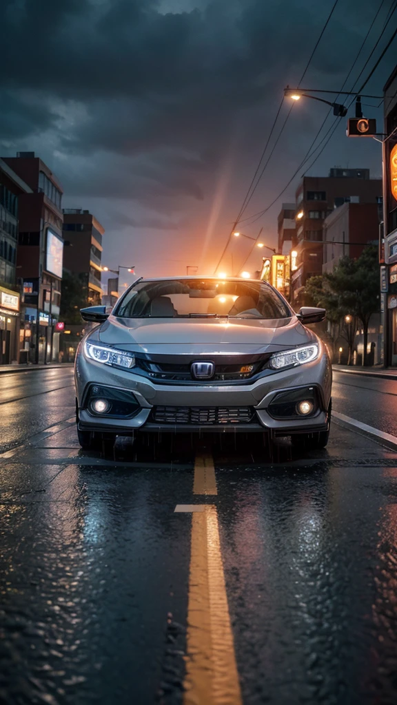 Gray Honda Civic rolling in a city full of illuminated signs on the raining road with a sunset in the background 