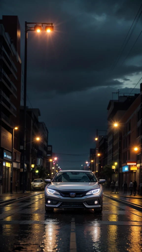 Gray Honda Civic rolling in a city full of illuminated signs on the raining road with a sunset in the background 