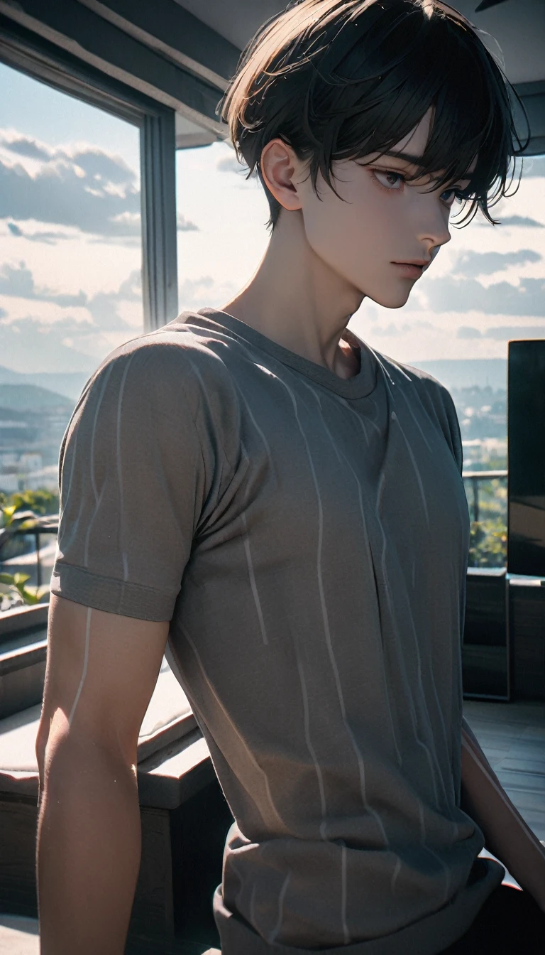 (8K, RAW photos, best quality, masterpiece: 1.4), (((Boy looking at his arm))),Ultra-high resolution, Extremely detailed, light, closeup of arms, handsome boy, black eyes, (delicate eyes, Eyes are bright:1.2), Gray short hair, Fair skin,dark, Grey sweatshirt, sweatshirt with hood,(perfect anatomy:1.2), High-quality shadows, Natural Lighting, (White highlights:1.2), night, cloudy day, (at home:1.2), (White lines on arms:1.2)