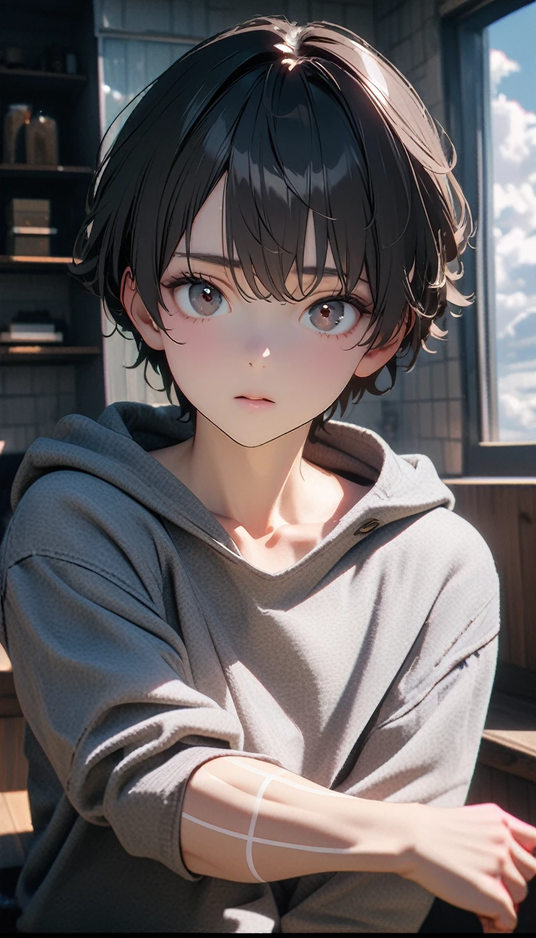 (8K, RAW photos, best quality, masterpiece: 1.4), (((Boy looking at his arm)))，Ultra-high resolution, Extremely detailed, light, closeup of arms, handsome boy, black eyes, (delicate eyes, Eyes are bright:1.2), Gray short hair, Fair skin,dark, Grey sweatshirt, sweatshirt with hood,(perfect anatomy:1.2), High-quality shadows, Natural Lighting, (White highlights:1.2), night, cloudy day, (at home:1.2), (White lines on arms:1.2)