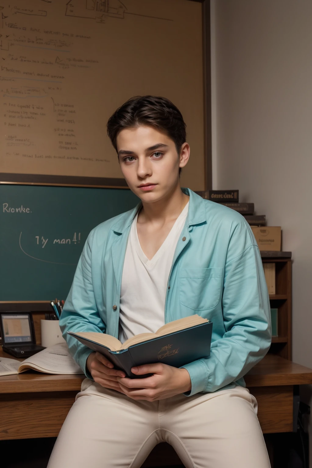 A beautiful young male twink, cute, with black hair and a face with make-up, wearing a long-sleeved white shirt and aqua blue pants, and he is in his office, and behind him is a blackboard on which is written the shape of the brain and its anatomy, and nuclear energy comes out of it, and he has a face with make-up and his eyes. Underneath are dark circles while he is sitting, and he appears innocent and has a beautiful face with make-up, while he is sitting at a luxurious desk with books, and neon energy comes out of it.