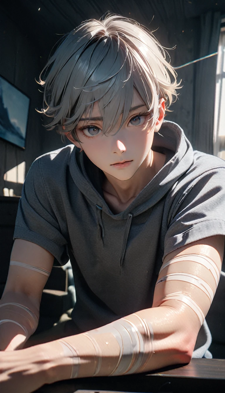 (8K, RAW photos, best quality, masterpiece: 1.4), (((Boy looking at his arm))),Ultra-high resolution, Extremely detailed, light, closeup of arms, handsome boy, black eyes, (delicate eyes, Eyes are bright:1.2), Gray short hair, Fair skin,dark, Grey sweatshirt, sweatshirt with hood,(perfect anatomy:1.2), High-quality shadows, Natural Lighting, (White highlights:1.2), night, cloudy day, (at home:1.2), (White lines on arms:1.2)
