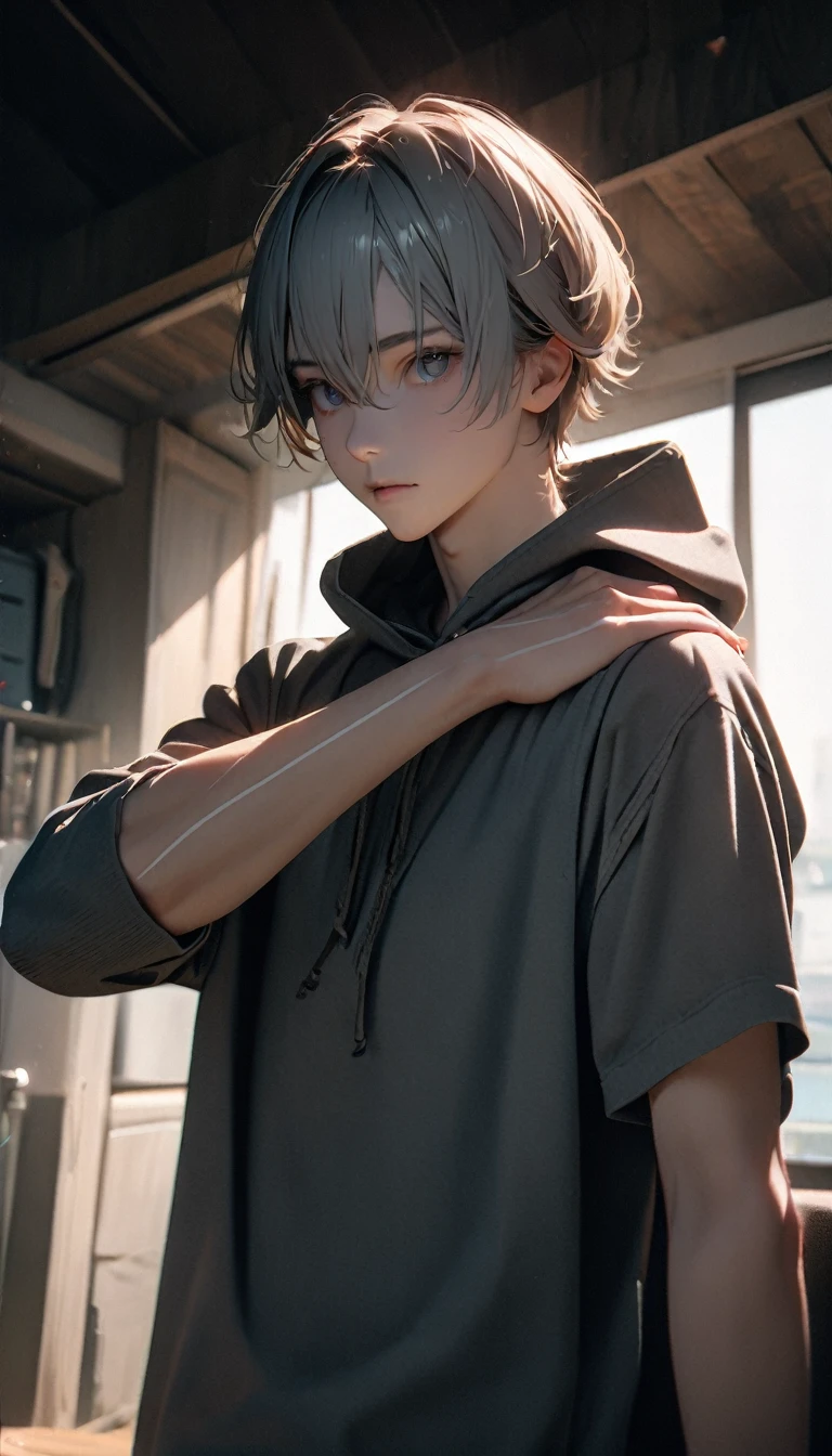 (8K, RAW photos, best quality, masterpiece: 1.4), (((Boy looking at his arm))),Ultra-high resolution, Extremely detailed, light, closeup of arms, handsome boy, black eyes, (delicate eyes, Eyes are bright:1.2), Gray short hair, Fair skin,dark, Grey sweatshirt, sweatshirt with hood,(perfect anatomy:1.2), High-quality shadows, Natural Lighting, (White highlights:1.2), night, cloudy day, (at home:1.2), (White lines on arms:1.2)