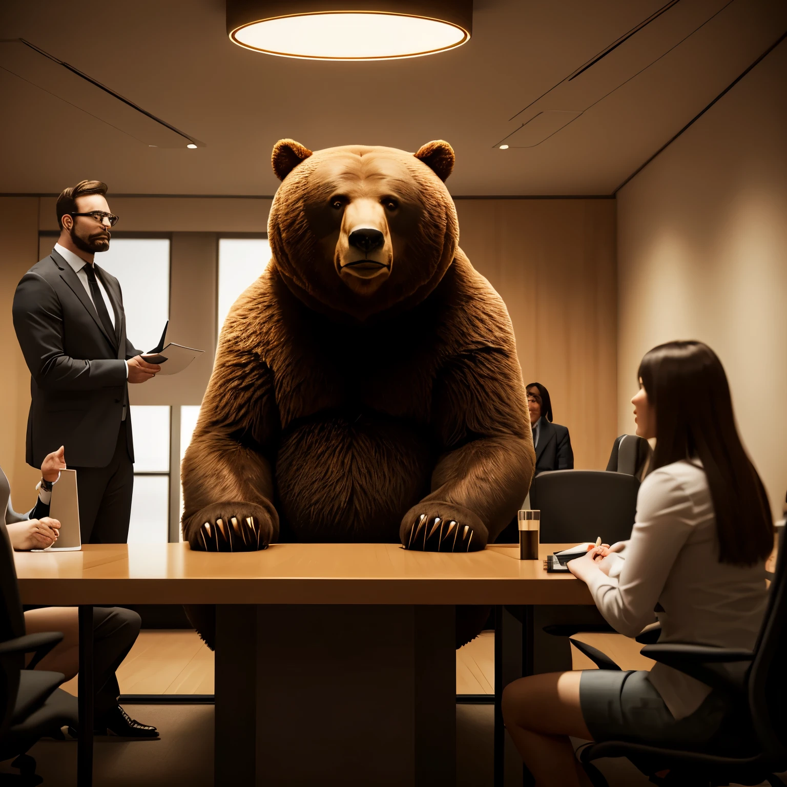 a large bear with human subordinates in a corporate meeting room, terrified people, beautiful woman held by the bear, detailed bear expression, detailed corporate meeting room interior, dramatic lighting, ultra-detailed, 8k, photorealistic, cinematic, moody atmosphere, warm color tones, dramatic shadows