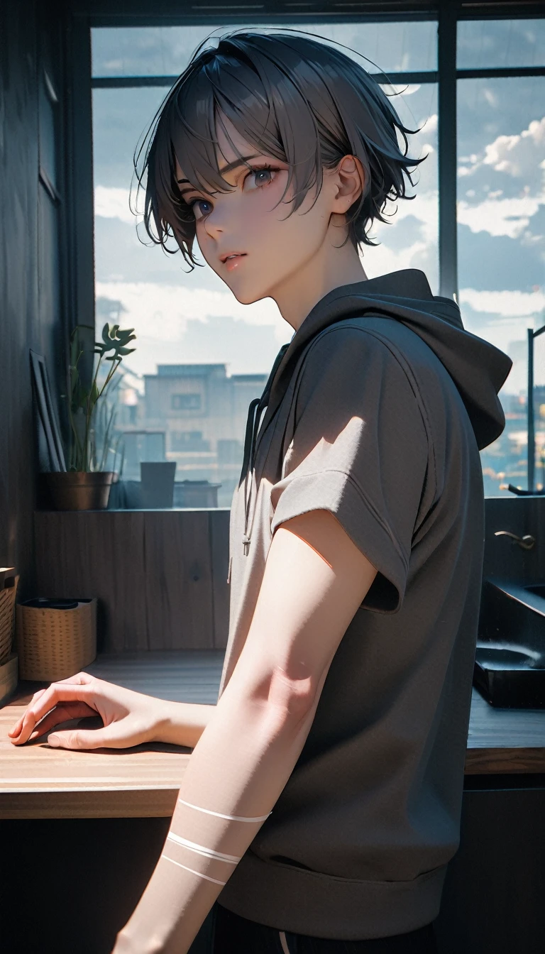 (8K, RAW photos, best quality, masterpiece: 1.4), (((Boy looking at his arm))),Ultra-high resolution, Extremely detailed, light, closeup of arms, handsome boy, black eyes, (delicate eyes, Eyes are bright:1.2), Gray short hair, Fair skin,dark, Grey sweatshirt, sweatshirt with hood,(perfect anatomy:1.2), High-quality shadows, Natural Lighting, (White highlights:1.2), night, cloudy day, (at home:1.2), (White lines on arms:1.2)