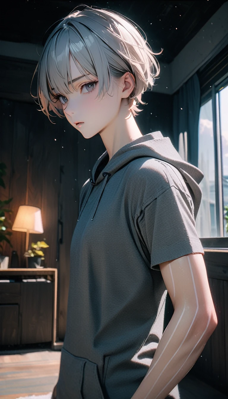 (8K, RAW photos, best quality, masterpiece: 1.4), (((Boy looking at his arm))),Ultra-high resolution, Extremely detailed, light, closeup of arms, handsome boy, black eyes, (delicate eyes, Eyes are bright:1.2), Gray short hair, Fair skin,dark, Grey sweatshirt, sweatshirt with hood,(perfect anatomy:1.2), High-quality shadows, Natural Lighting, (White highlights:1.2), night, cloudy day, (at home:1.2), (White lines on arms:1.2)