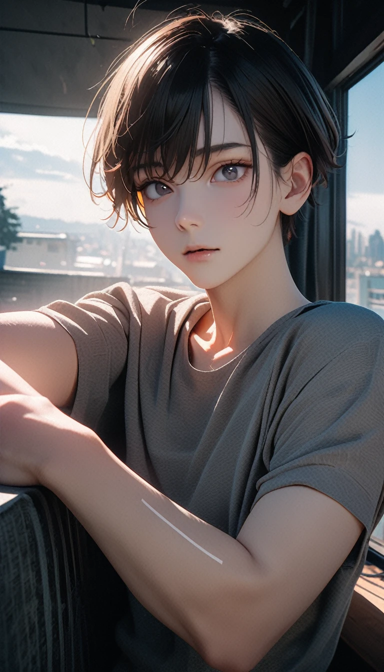 (8K, RAW photos, best quality, masterpiece: 1.4), (((Boy looking at his arm))),Ultra-high resolution, Extremely detailed, light, closeup of arms, handsome boy, black eyes, (delicate eyes, Eyes are bright:1.2), Gray short hair, Fair skin,dark, Grey sweatshirt, sweatshirt with hood,(perfect anatomy:1.2), High-quality shadows, Natural Lighting, (White highlights:1.2), night, cloudy day, (at home:1.2), (White lines on arms:1.2)
