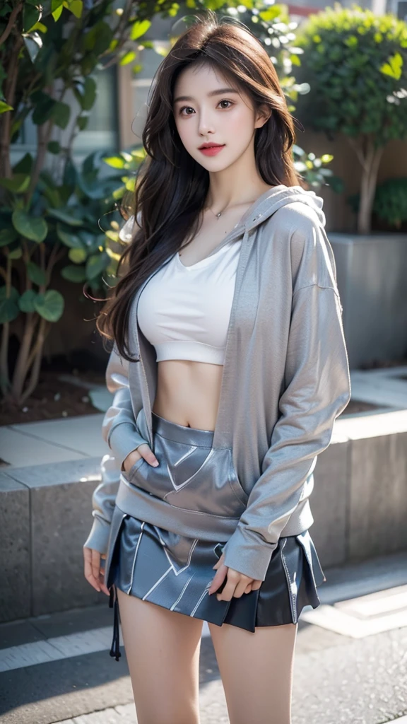 masterpiece, best quality, ultra high resolution, high detail photos, Unity 8K Wallpaper, 매우 detailed CG:1.2), depth of field, bokeh, (RAW photos:1.realistic photo:1.4), (1 woman:1.5), young, Physically based representation, beautiful, (A face depicted in detail:1.4, detailed 의류), (detailed:1.4) named (Amy Fukada:1.1) break Cara hermosa, depth of field, Add layer, surrealist, 27 years old, perfect body model, perfect breasts, height 175cm, sexy pose, whole body, whole body, model body type, break (oversized hoodie:1.3, naked hoodie), (black mini skirt:1.3), (long hair:1.2), doble parpado break (standing:1.5), (cowboy shot:1.5), laugh