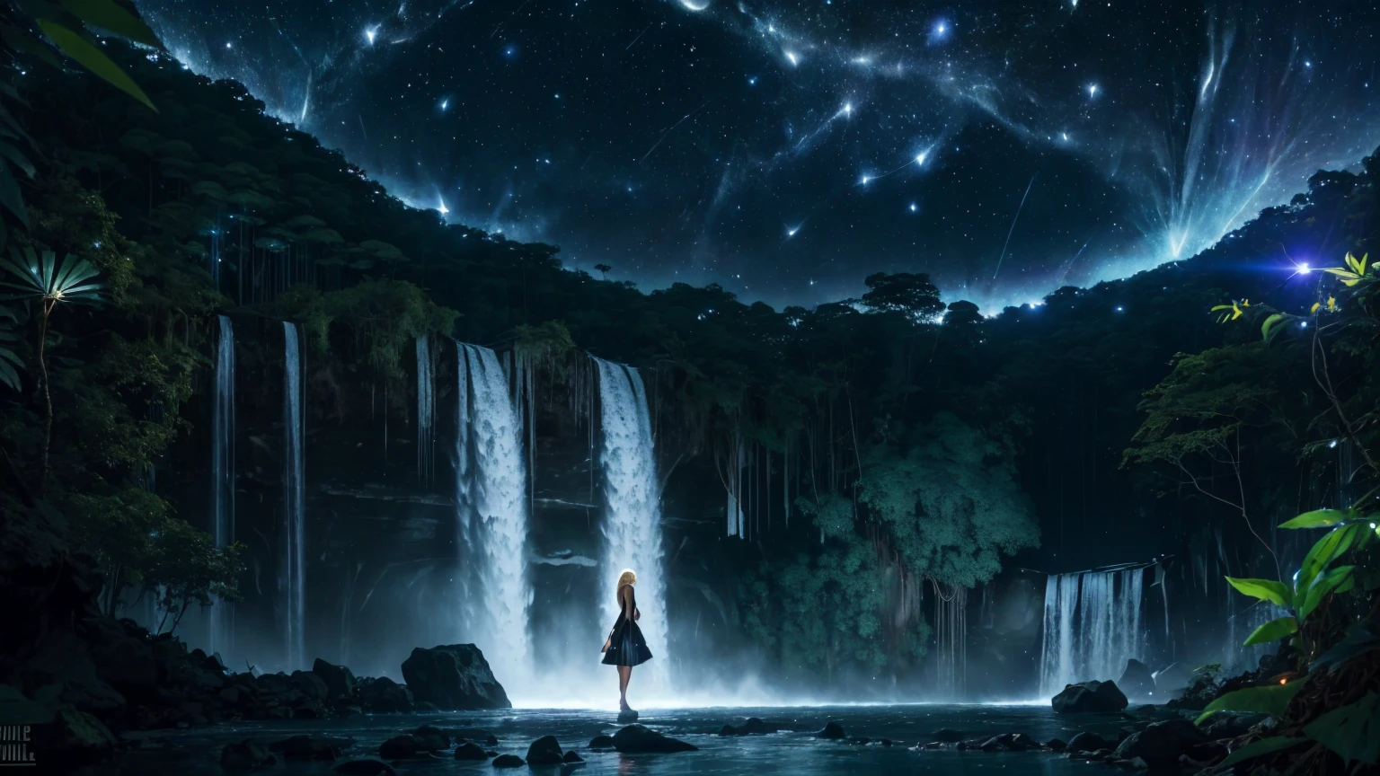 A stunning Russian beauty stands at the edge of (massives waterfalls:1.3), her blonde hair blowing gently in the misty air. Her piercing blue eyes sparkle as she gazes up at the star-filled sky, where a (supernova and galaxy :1.3) casts an otherworldly glow. The (jungle:1.5) around her is dark and mysterious, illuminated only by the soft flicker of a (brasero's flames) in the (dark night:1.8). She wears a beautiful short (black tube dress) that hugs her perfect body, highlighting every curve and contour as she poses confidently in front of the roaring waterfalls.