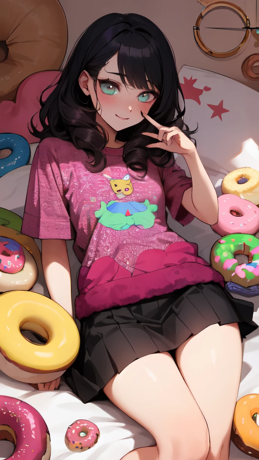 A young lady surrounded by hundreds of different kinds of donuts, squashed in fluffy cushions, colorful, detailed eyes of the young lady, fashionable patchwork shirt and skirt, curly hair style