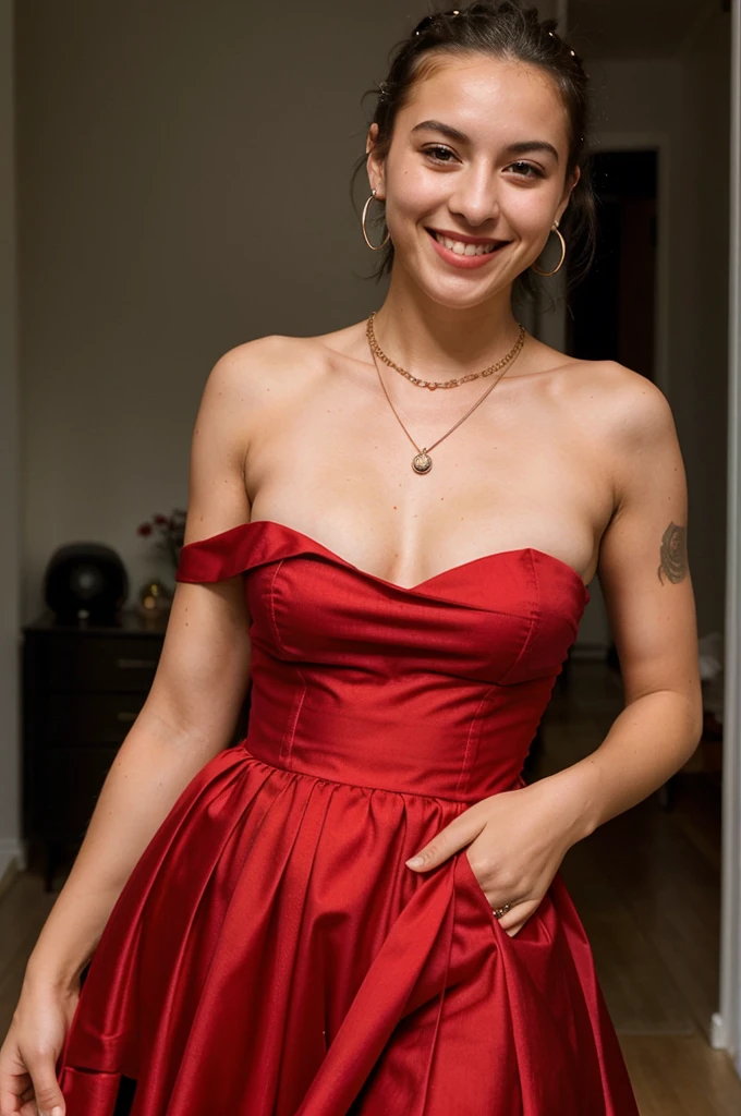 1girl, full body 19yo (DV_Manuela_Vicious),  smiling , (wearing a red strapless dress), bare shoulders, necklace, AS-Adult, 