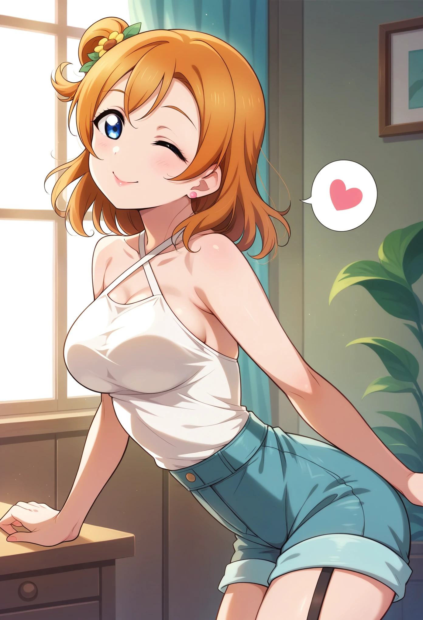 Honoka kousaka love live, cowboy shot, blue eyes, orange hair,hair flower, solo, Fashion , bshoulders, perfect eyes, Perfect iris，Perfect skin，Soft front light，Casual，indoors；（pastel colour:1.2）, halter neck,thin straps , sexy,(lipstick:0.8), breasts ,sexy pose,wink, (slightly bent over:0.8), bottom up , detailed breasts , shiny moist skin, shhhh, spoken heart , slightly from side 