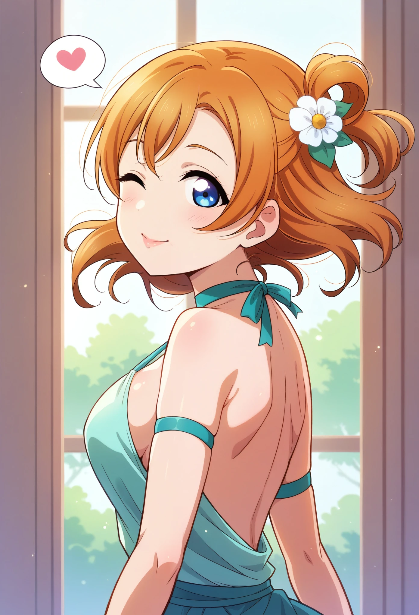 Honoka kousaka love live, cowboy shot, blue eyes, orange hair,hair flower, solo, Fashion , bshoulders, perfect eyes, Perfect iris，Perfect skin，Soft front light，Casual，indoors；（pastel colour:1.2）, halter neck,thin straps , sexy,(lipstick:0.8), breasts ,sexy pose,wink, (slightly bent over:0.8), bottom up , detailed breasts , shiny moist skin, shhhh, spoken heart , slightly from side 