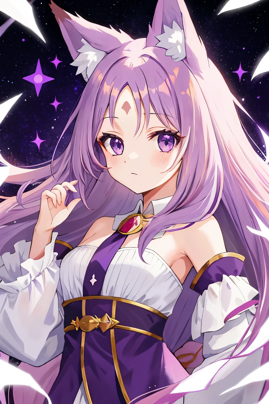 young girl with long light purple hair, purple eyes, fox ears, two crystallized foxtails, and has three crystal marks on the forehead