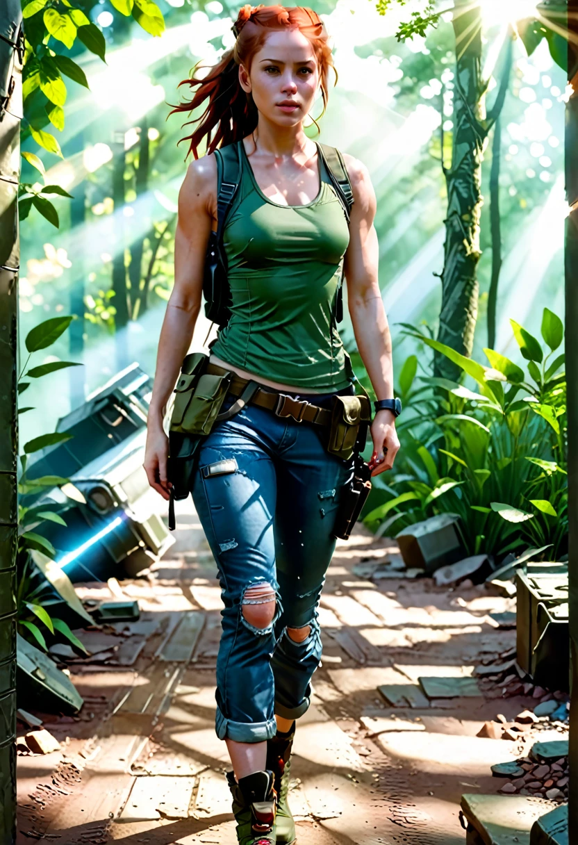 8k resolution, depth of field, lens flare, photorealistic,((best quality)), (((intricate details))), highly detailed, (((cinematic effect))), looking at viewer,A young red-haired woman usually dressed in a tank top, often olive green or black, tight-fitting and sleeveless, allowing freedom of movement. She wears shorts or cargo pants, usually khaki or dark green in color, with several pockets to store her equipment. His outfit includes a utility belt with a buckle, pistols in a holster on each side, and additional pouches for ammo and tools. She wears sturdy combat boots that provide ankle support and grip for climbing and running. Lara also wears fingerless gloves, a watch, and a backpack to carry larger items. Her hair is usually tied into a practical ponytail or braid. , emphasizing his desire for adventure in the Amazon forest,no anatomical defects, fine details, dynamic lighting, high quality.