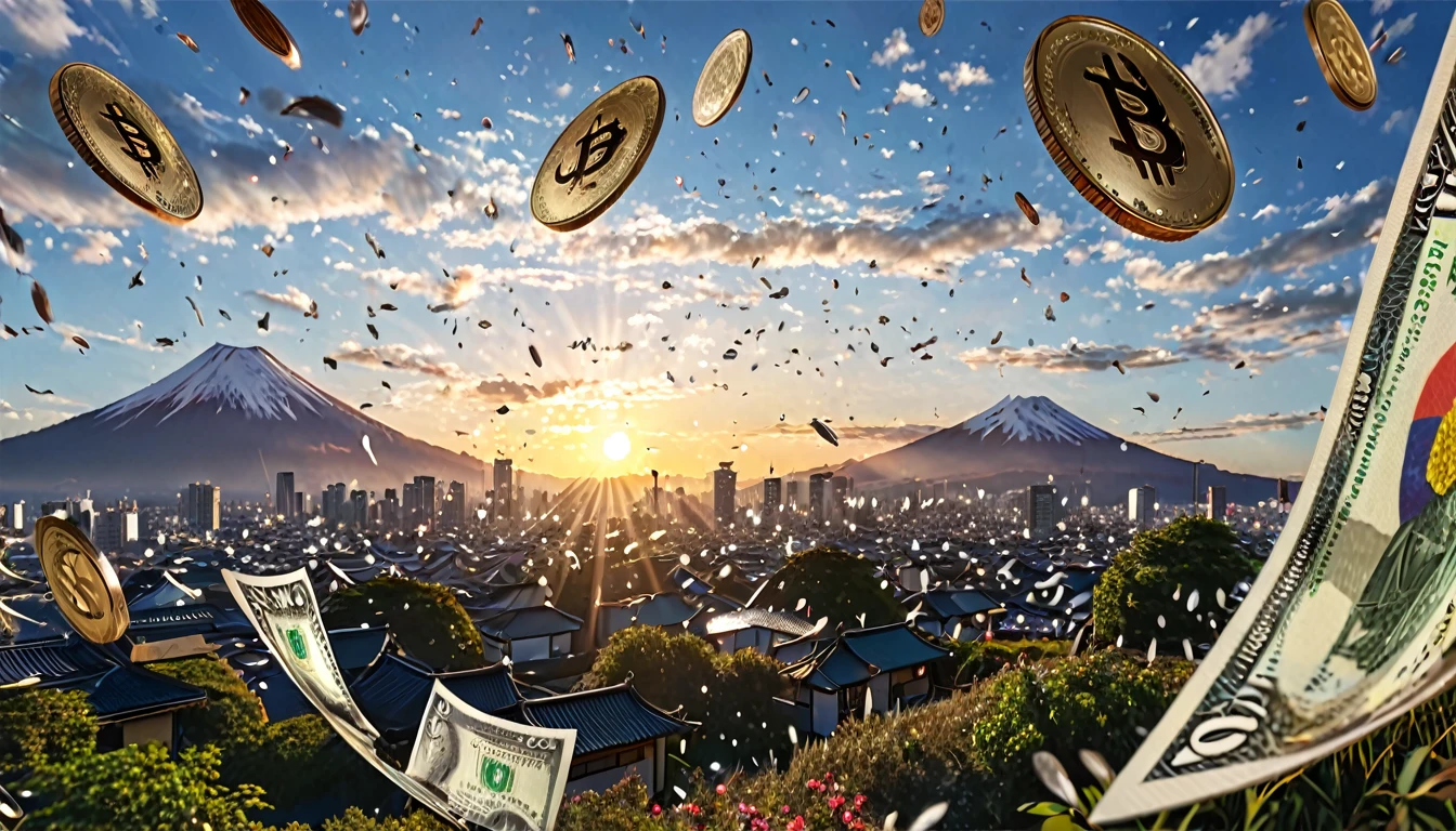 Landscape painting, location is Japan, scene with many bills falling from the sky, Japanese money, currency, coins, no people, only background, (centered, resized, rule of thirds, high resolution, sharp focus, (super detailed, very detailed), (photorealistic artwork:1.37), (highly detailed CG Unity 8k wallpaper), (((vibrant colors, vibrant theme))), (intricate), (masterpiece), (best quality), art photography, (sldr Photo by ), (intricate background)