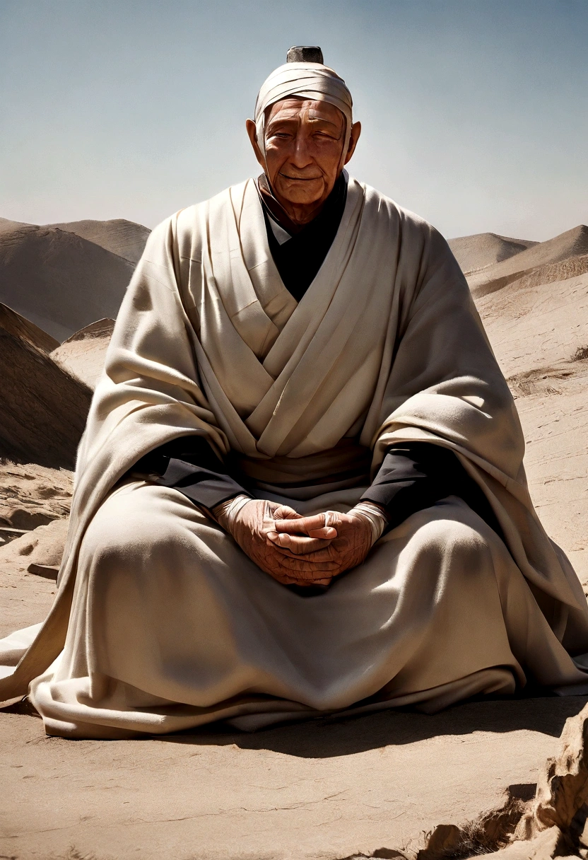 Depicting the Buddha&#39;s unwavering determination and hard work, Demonstrating his resilience when faced with difficulties on his spiritual journey, A man around 90 years old, Vulture Zen Master, Lying on your back and meditating、smile, Ultra-sharp focus,Sitting on a hill,frontage, Photo Real, Men's clothing in the Middle Ages, Tetrahedron Color (scar:1,4),I fasted for a month,Skinny,I&#39;m about to die、Extremely skinny,Too skinny,I can see the bones,Becoming a mummy and praying