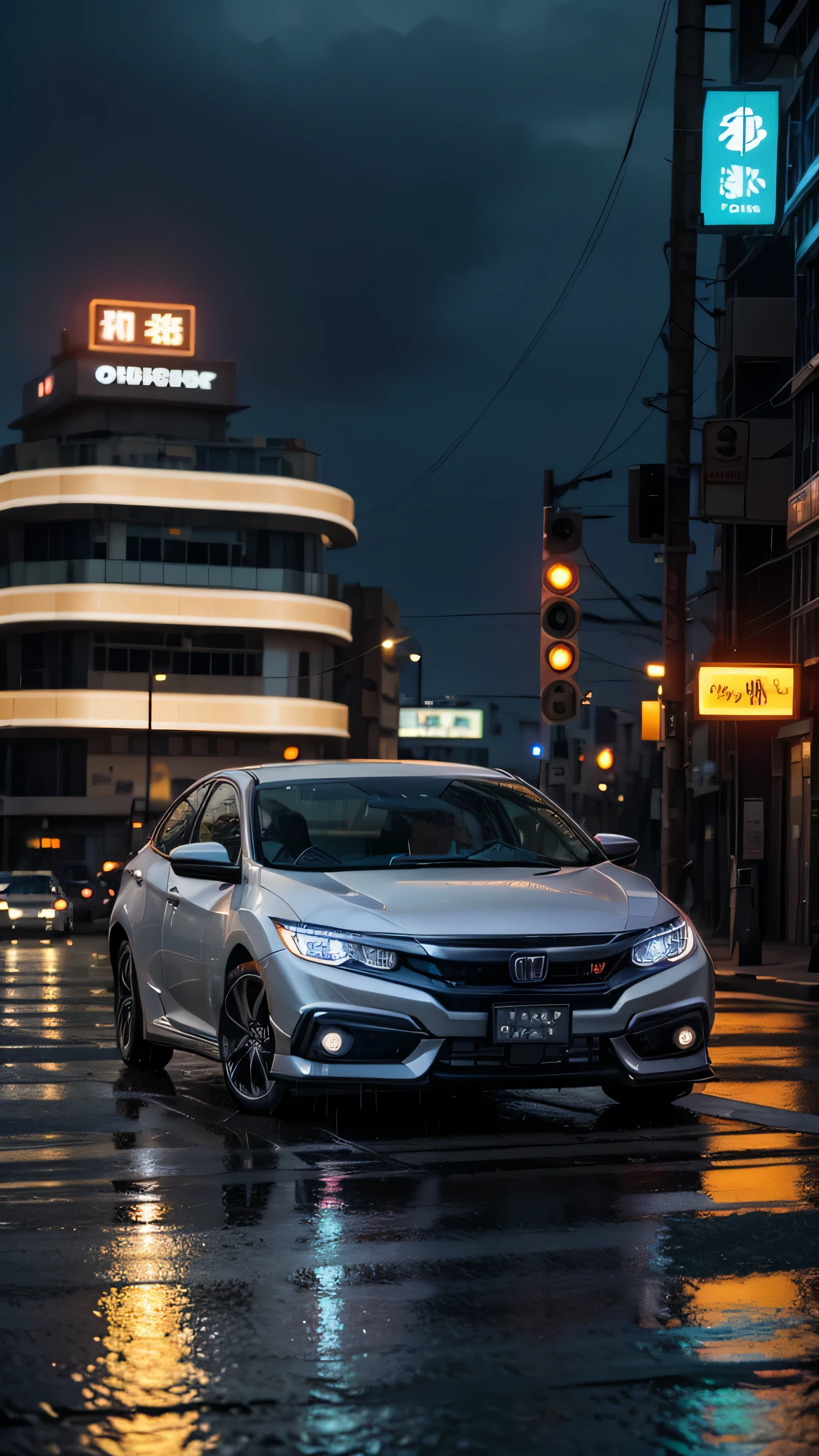 Gray Honda Civic rolling in a city full of illuminated signs on the raining road with a sunset in the background