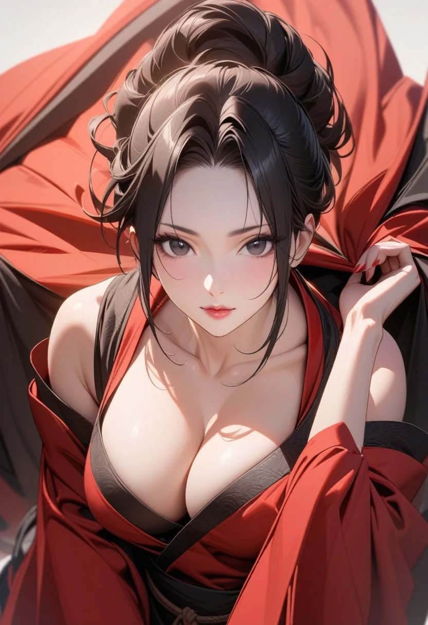 Mature women，Black long hair，Hair up，Red Hanfu，Showing cleavage，Show your shoulders，Beautiful black eyes，Extremely detailed，high resolution，Simple background