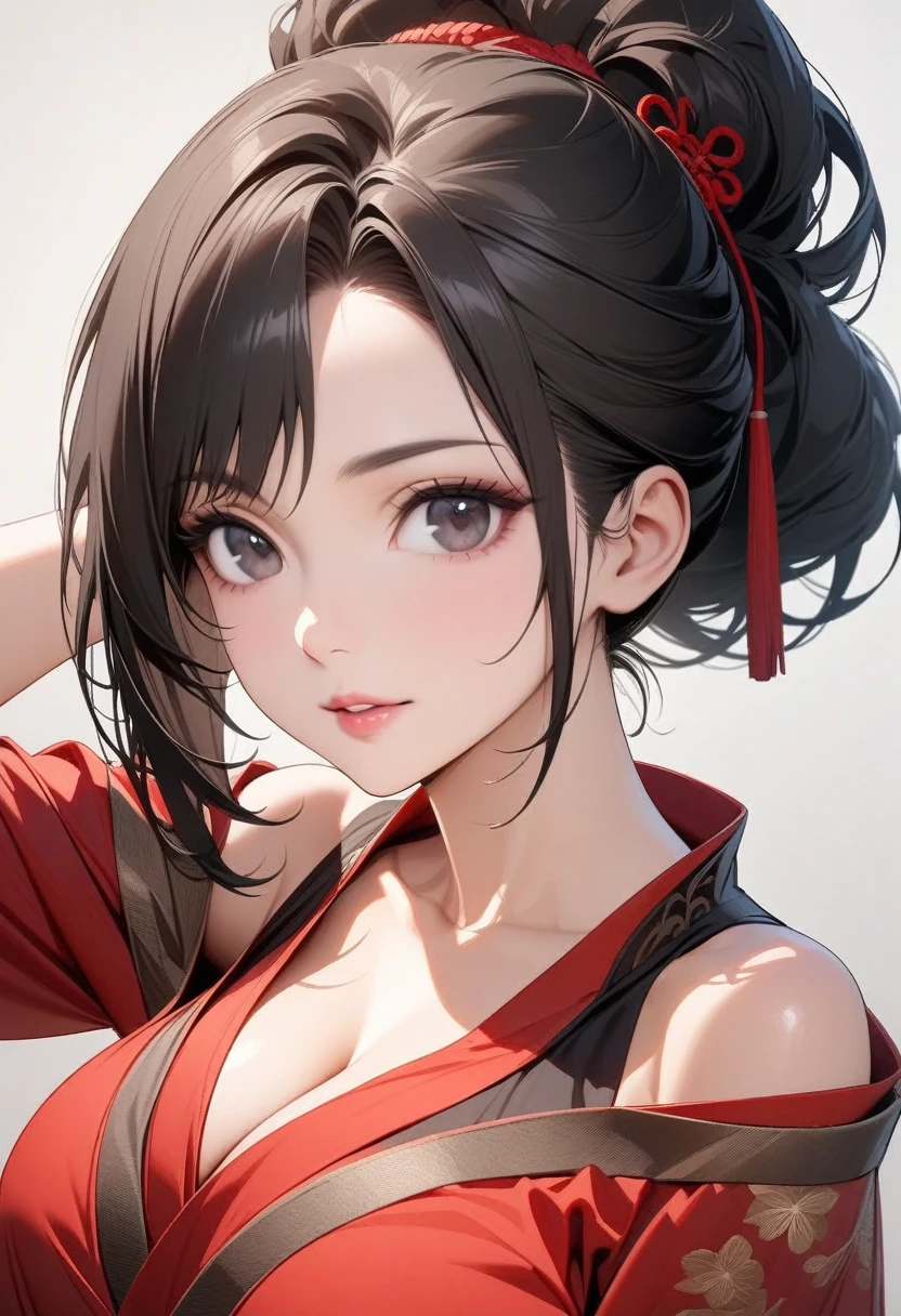 Mature women，Black long hair，Hair up，Red Hanfu，Showing cleavage，Show your shoulders，Beautiful black eyes，Extremely detailed，high resolution，Simple background