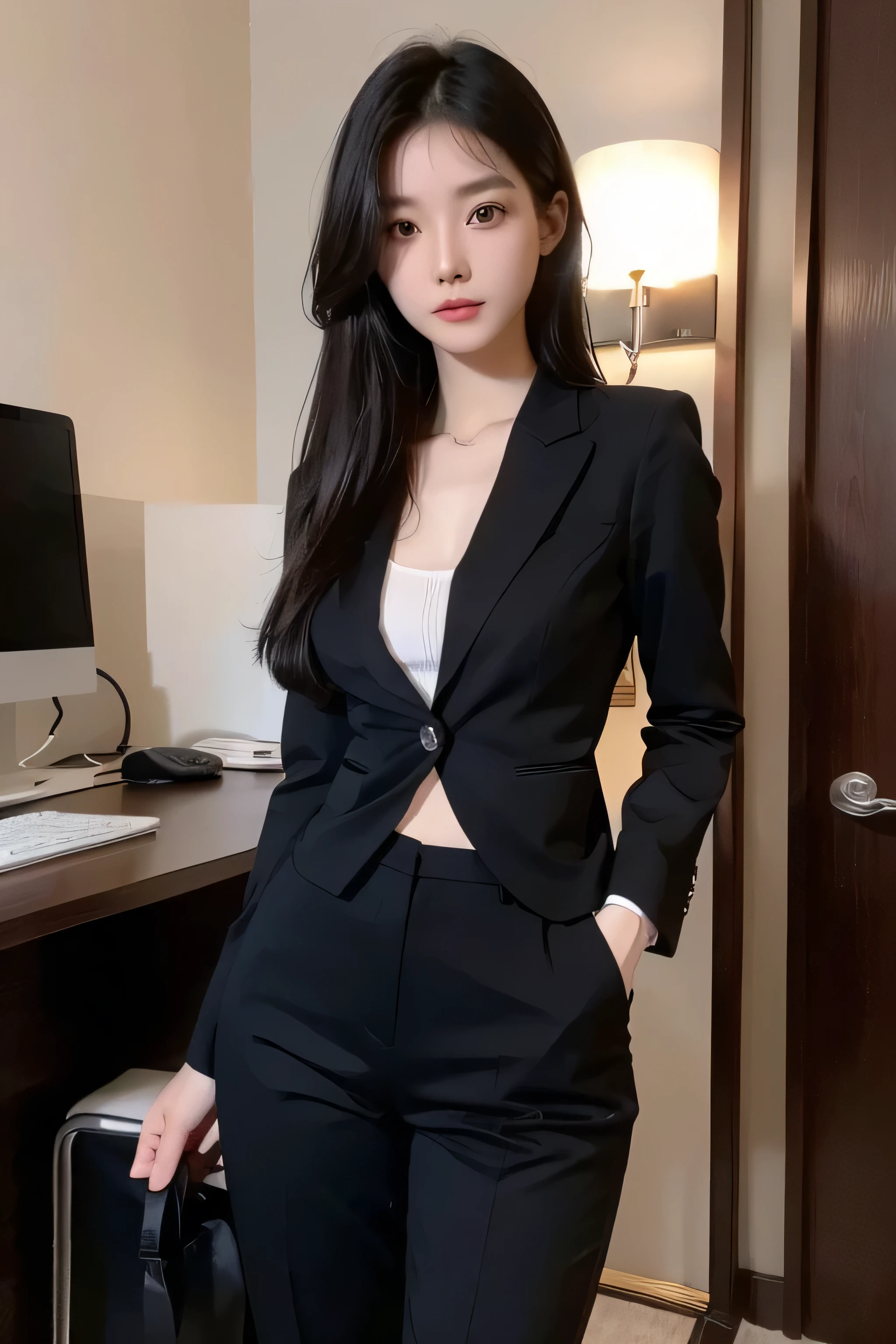 highly detailed face and body, 21 years old, chinese model, tall, perfect body, passionate and cute look, long black hair, black eyes, office lady outfit, long pants, small firm breasts, light skin, full body facing front