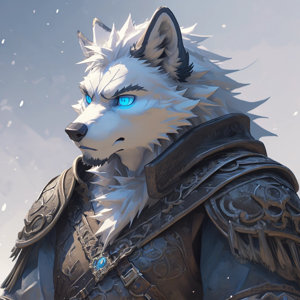Solo, Kemono, (White Wolf, Anthro, Male, (white Body)), Fur, Tail, Muscles, White fur, Blue-colored eyes, (white background), Fantasy, Armor, Medieval armor, Epic, Depth of Field, Perfect Lighting, (Best Quality), (Masterpiece), (Ultra Detailed), Sharp Focus, (Head bust Picture), Close Up Angle (Detailed Face Features) (Front shot view)
