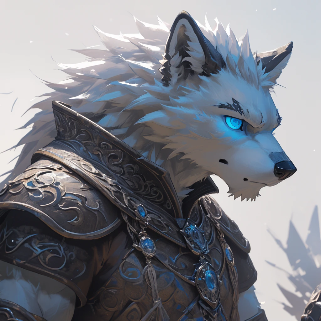 Solo, Kemono, (White Wolf, Anthro, Male, (white Body)), Fur, Tail, Muscles, White fur, Blue-colored eyes, (white background), Fantasy, Armor, Medieval armor, Epic, Depth of Field, Perfect Lighting, (Best Quality), (Masterpiece), (Ultra Detailed), Sharp Focus, (Head bust Picture), Close Up Angle (Detailed Face Features) (Front shot view)