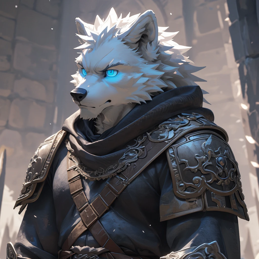 Solo, Kemono, (White Wolf, Anthro, Male, (white Body)), Fur, Tail, Muscles, White fur, Blue-colored eyes, (white background), Fantasy, Armor, Medieval armor, Epic, Depth of Field, Perfect Lighting, (Best Quality), (Masterpiece), (Ultra Detailed), Sharp Focus, (Head bust Picture), Close Up Angle (Detailed Face Features) (Front shot view)