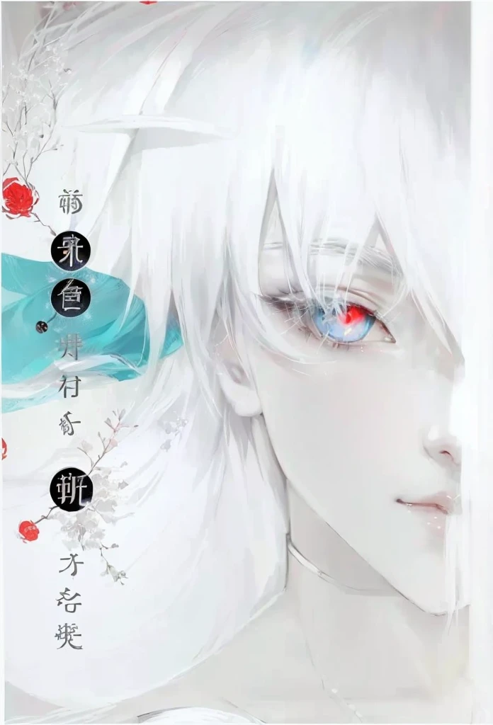anime character with white hair and red eyes on a white background, Okumura Togyu, Yuki-onna&#39;s piercing gaze, by Kamisaka Sekka, Manga Cover Style, Sui Ishida back manga, author Hasegawa Settan, Shiro Takatani, Kaigetsudo Ando, Tokyo Ghoul