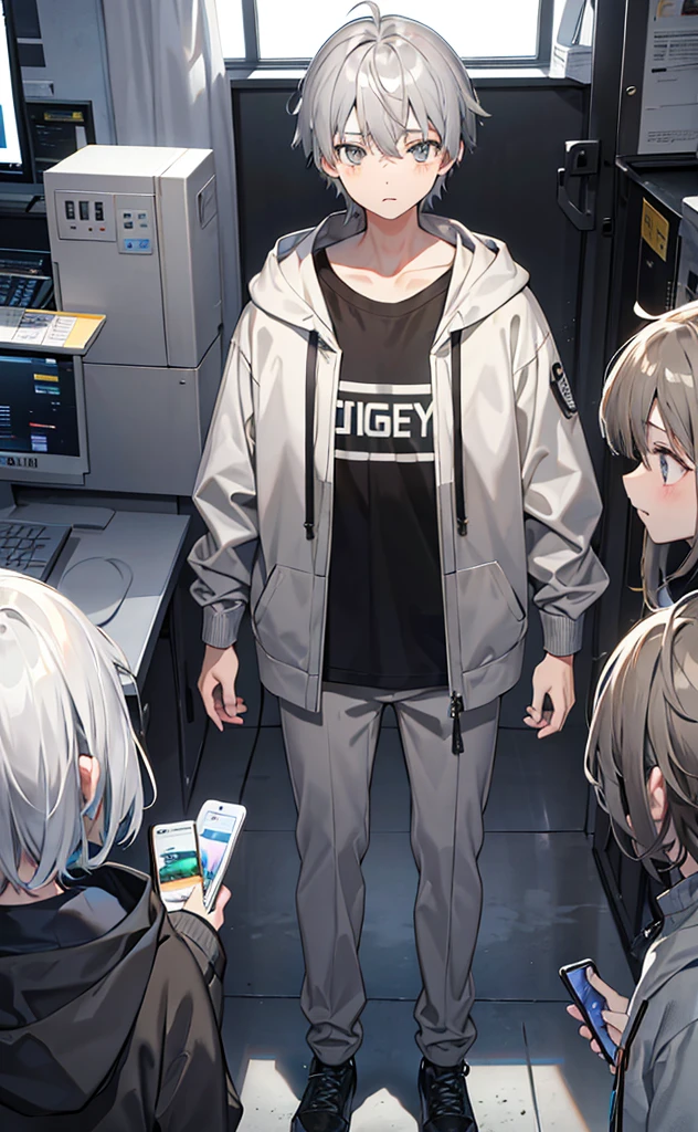 juvenile，Gray Hair，Grey Hoodie，Gray Eyes，Brown trousers，Technology，Brighter colors。individual，High Definition