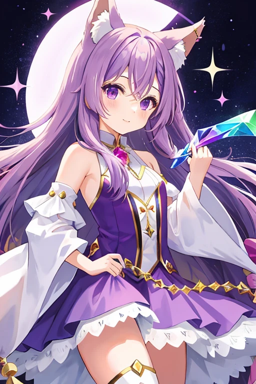 young girl with long light purple hair, purple eyes, fox ears, two crystallized foxtails, and three small crystal marks on the forehead