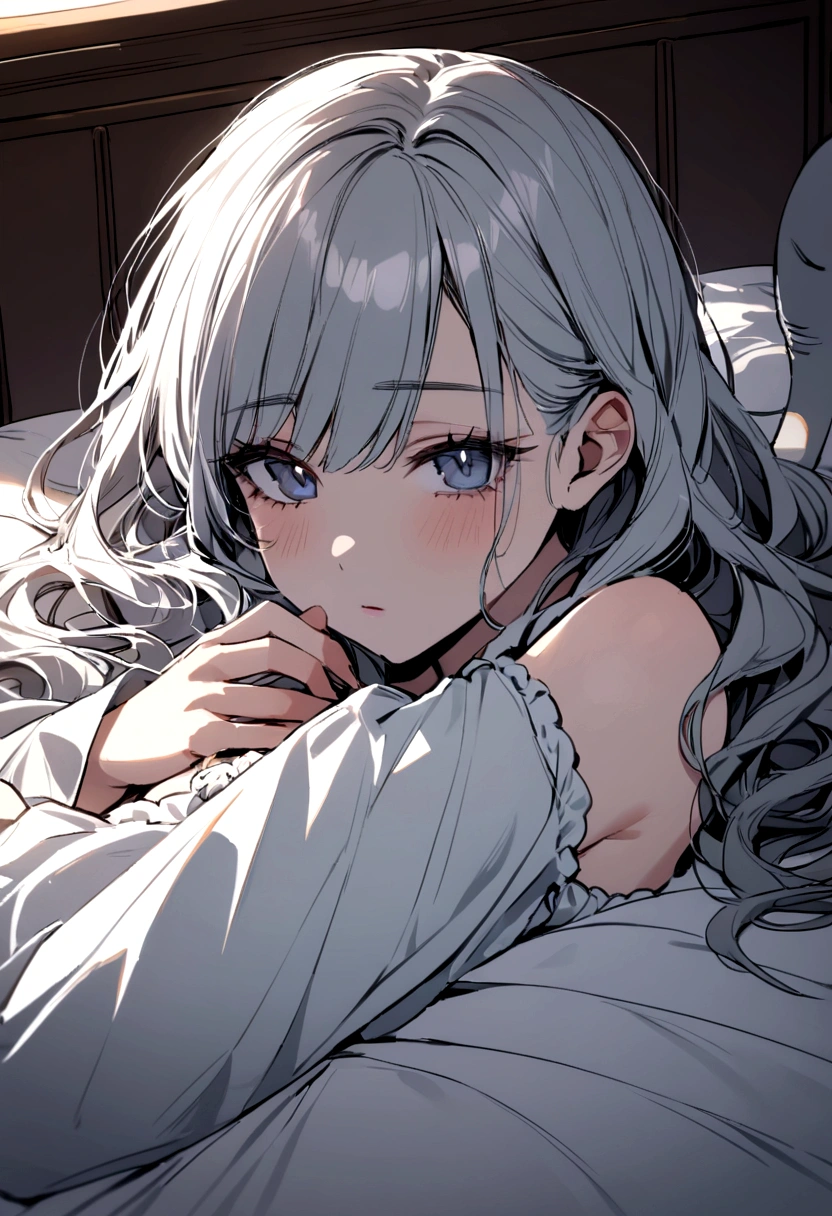 Beautiful sick girl lying in bed, there is an elephant nearby, who treats her
