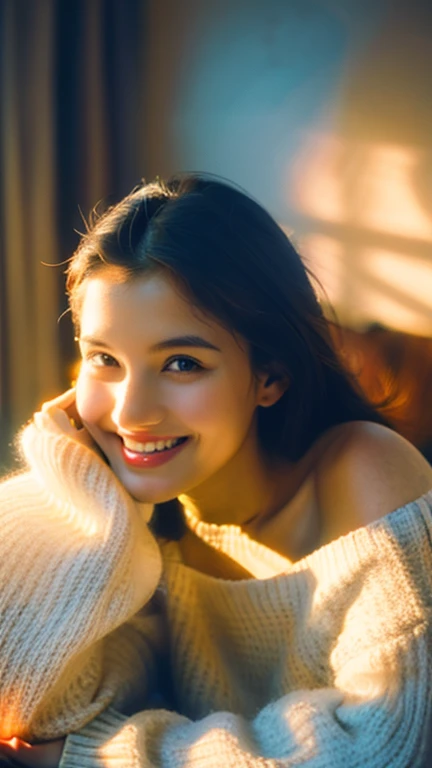 (ultrahd), (realistic), (real skin texture), (soft light), (cinematic light), a woman wear an one-shoulder oversized sweater, lean on her pillow, seductive smile, pose,