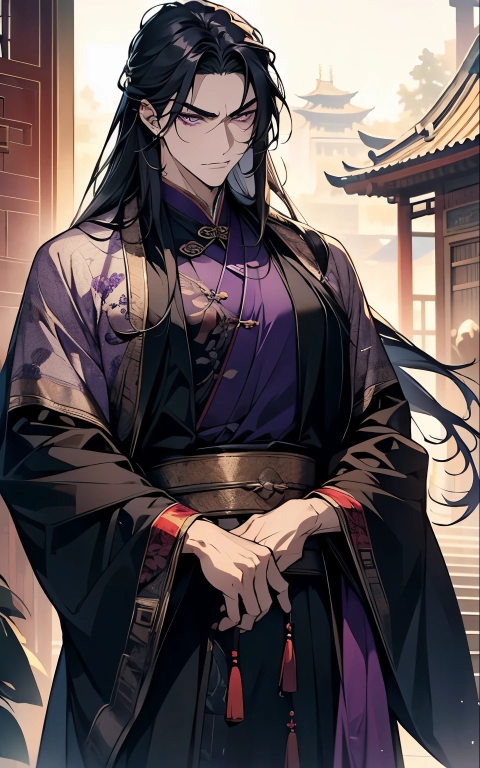 1 middle-aged man, (45 years old), long black hair, violet eyes, chinese clothes, (!PURPLE! clothes), available at purple chinese room, angry