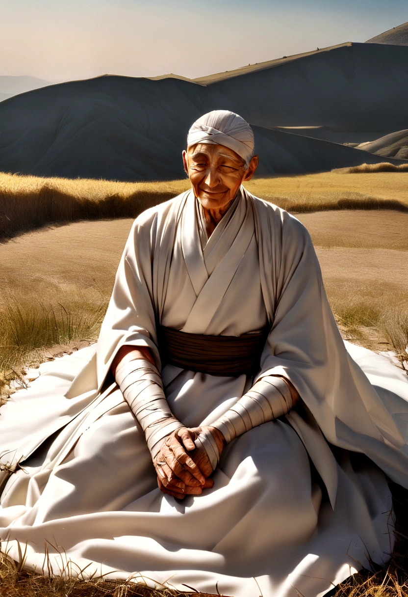 Depicting the Buddha's unwavering determination and hard work, Demonstrating his resilience when faced with difficulties on his spiritual journey, A man around 90 years old, Vulture Zen Master, Lying on your back and meditating、smile, Ultra-sharp focus,Sitting on a hill,frontage, Photo Real, Men's clothing in the Middle Ages, Tetrahedron Color (scar:1,4),I fasted for a month,Skinny,I'm about to die、Extremely skinny,Too skinny,I can see the bones,Becoming a mummy and praying