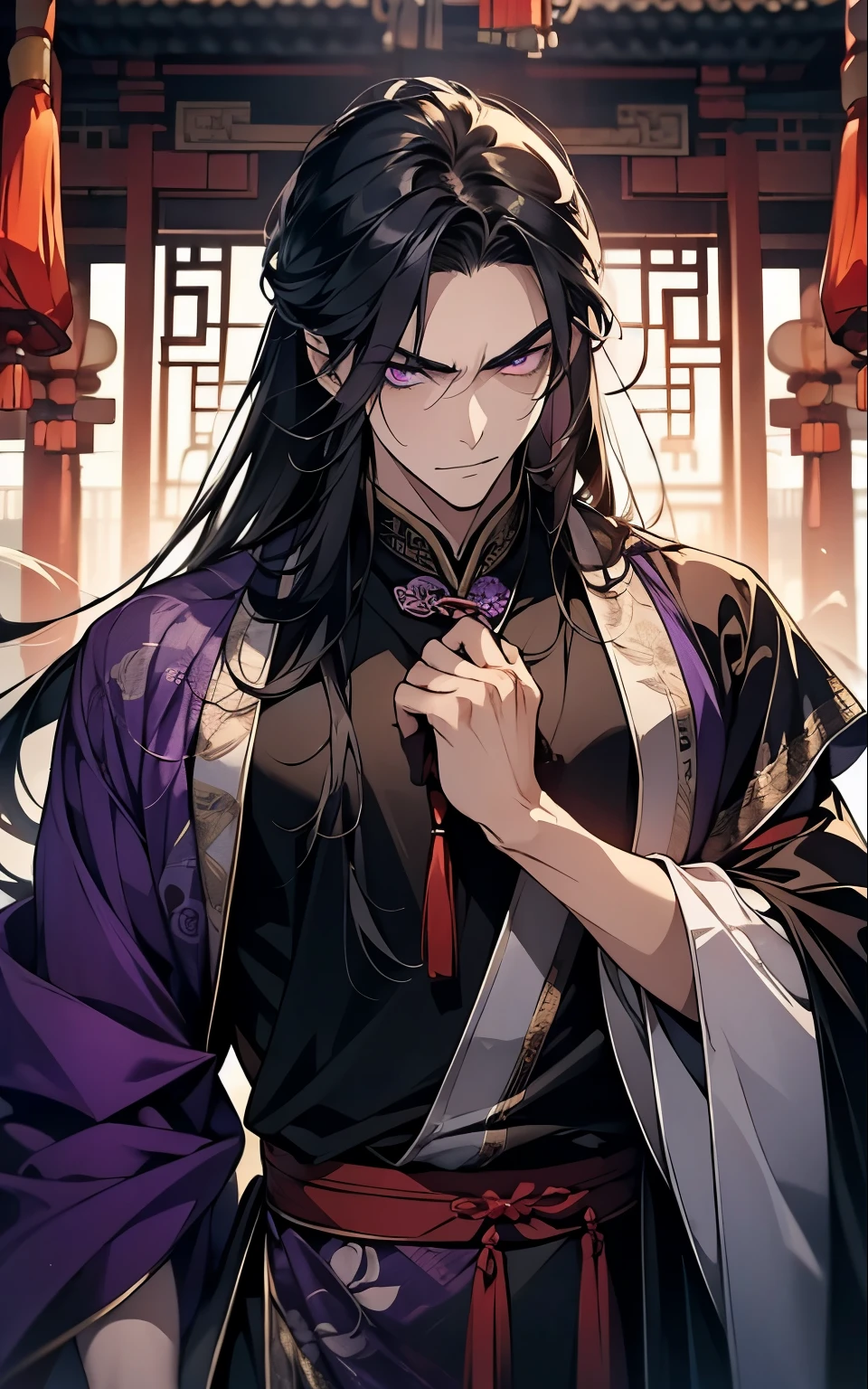 1 middle-aged man, (45 years old), long black hair, violet eyes, chinese clothes, (!PURPLE! clothes), available at purple chinese room, angry