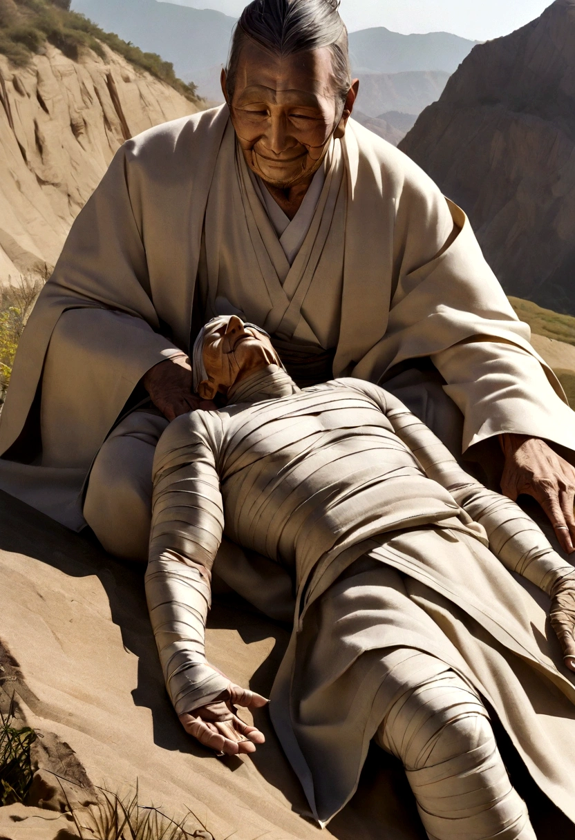 Depicting the Buddha&#39;s unwavering determination and hard work, Demonstrating his resilience when faced with difficulties on his spiritual journey, A man around 90 years old, Vulture Zen Master, Lying on your back and meditating、smile, Ultra-sharp focus,Sitting on a hill,frontage, Photo Real, Men's clothing in the Middle Ages, Tetrahedron Color (scar:1,4),I fasted for a month,Skinny,I&#39;m about to die、Extremely skinny,Too skinny,I can see the bones,Becoming a mummy and praying